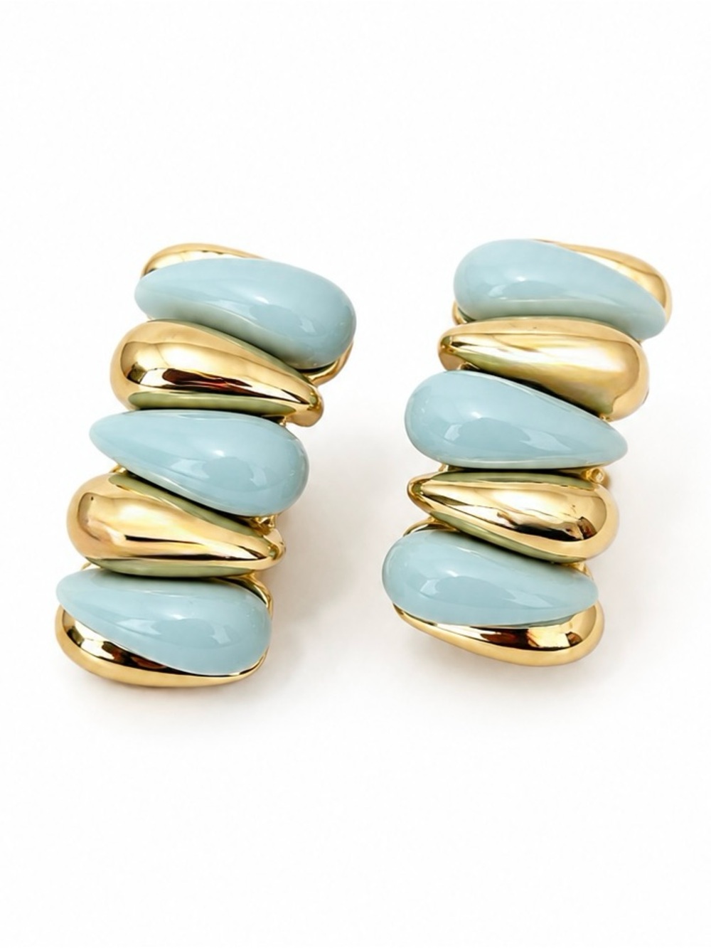 14K Gold Plated Blue Enamel Teardrop Dome Chunky Huggie Hoop Earrings